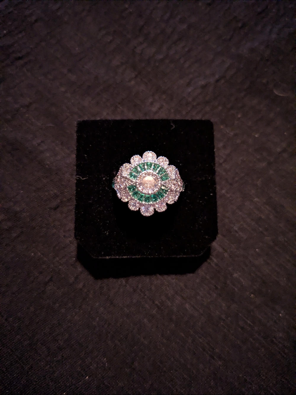 Sterling Silver Emerald and White Crystal Floral Cocktail Ring